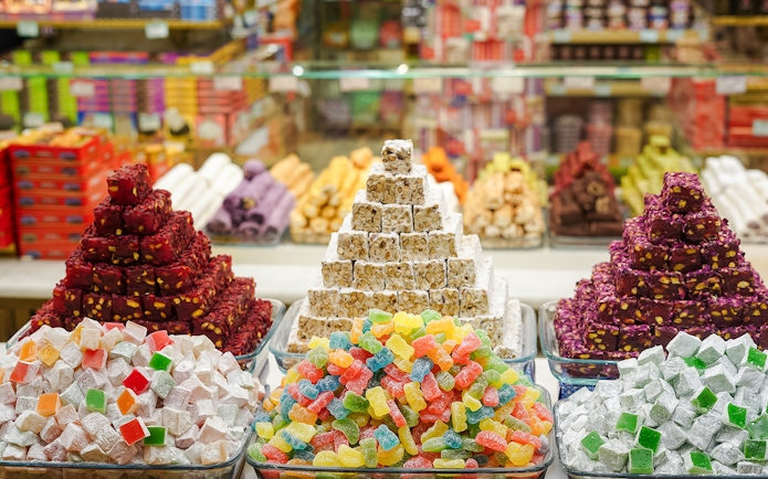 Assorted Turkish sweets displayed in a market in Istanbul.