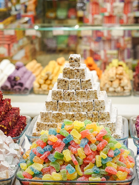 Assorted Turkish sweets displayed in a market in Istanbul.
