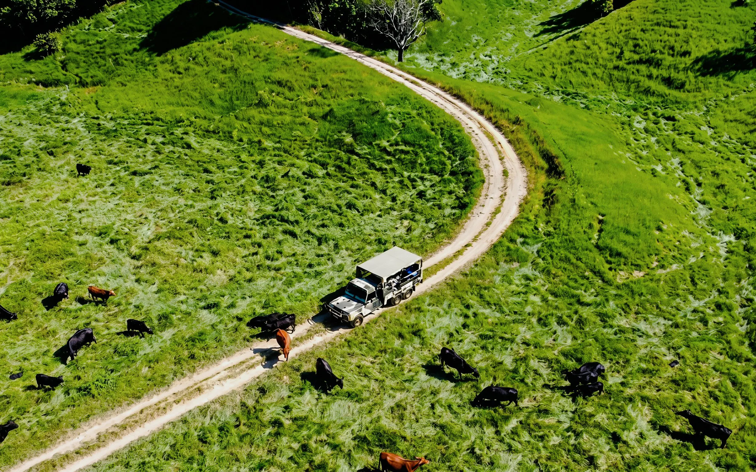 Off-road vehicle on a dirt path through Daintree Rainforest with grazing cattle nearby.