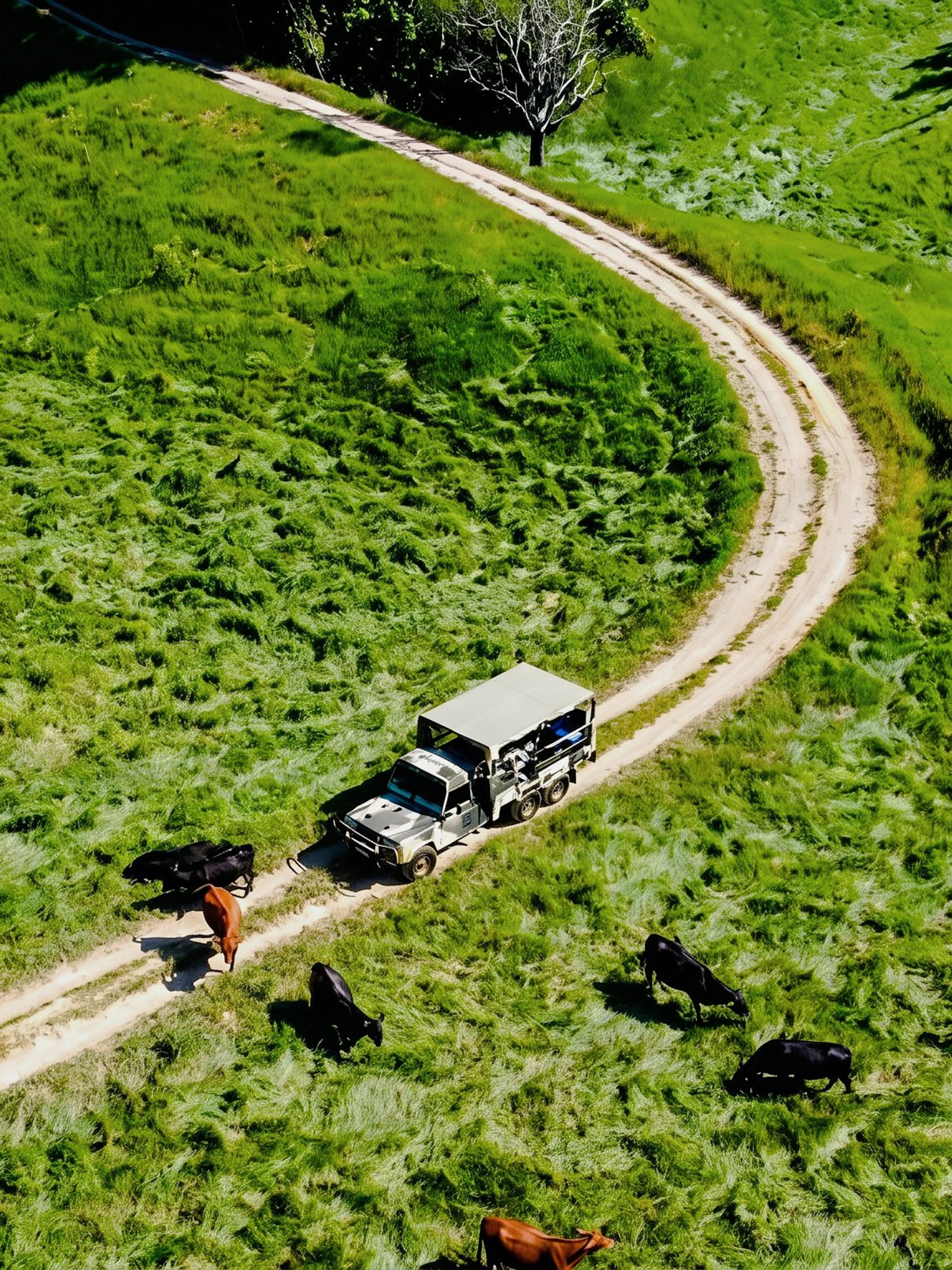 Off-road vehicle on a dirt path through Daintree Rainforest with grazing cattle nearby.