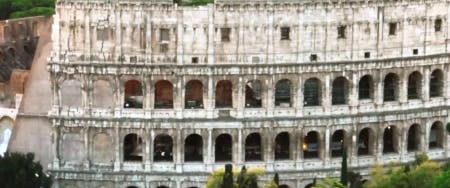 Panoramic view of Rome City showcasing famous landmarks like the Colosseum and the Roman Forum, ideal for a historical day trip.