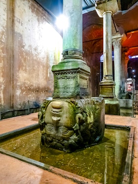 Medusa head column in Basilica Cistern, Istanbul.