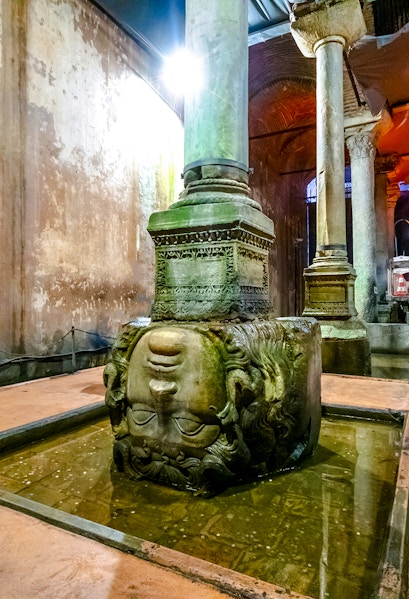 Medusa head column in Basilica Cistern, Istanbul.
