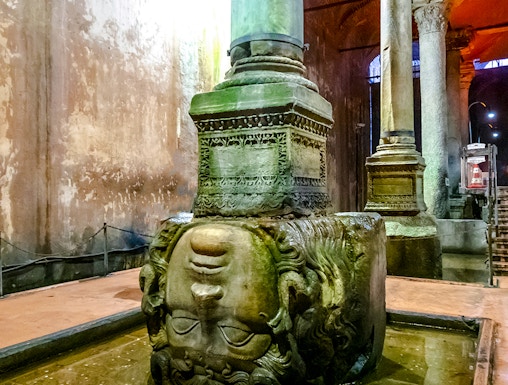 Medusa head column in Basilica Cistern, Istanbul.