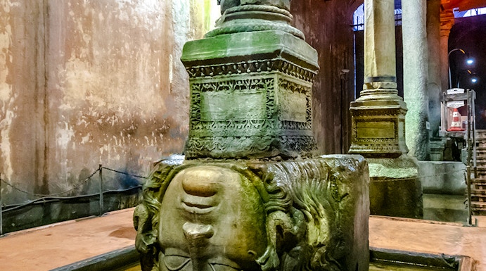 Medusa head column in Basilica Cistern, Istanbul.