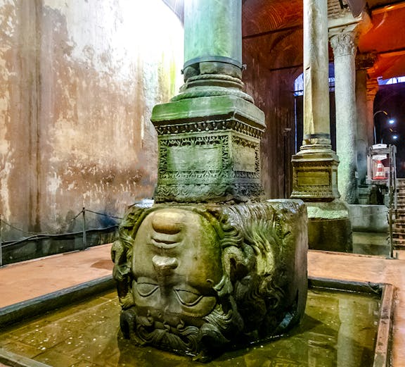 Medusa head column in Basilica Cistern, Istanbul.