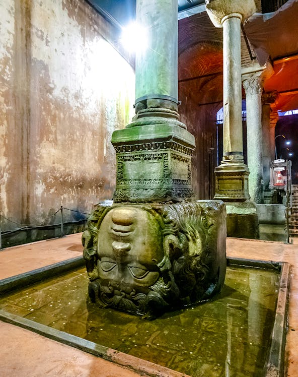 Medusa head column in Basilica Cistern, Istanbul.