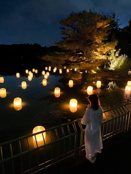 Lanterns floating on water at night in teamLab Botanical Garden, Osaka.