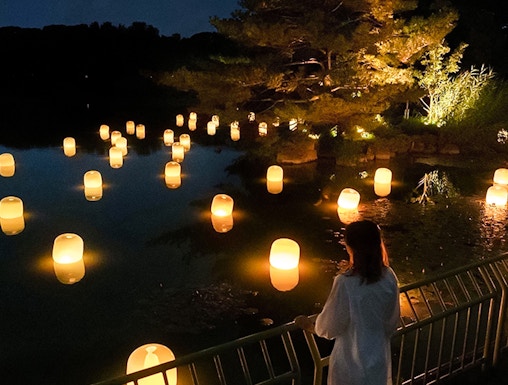 Lanterns floating on water at night in teamLab Botanical Garden, Osaka.