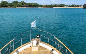 Speedboat tour on yacht approaching southern islands with clear blue water.