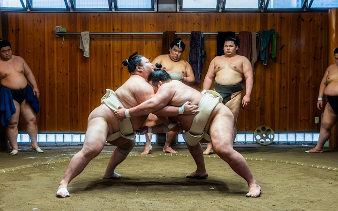 Sumo wrestlers practicing in a traditional dojo during a morning session in Asakusa.