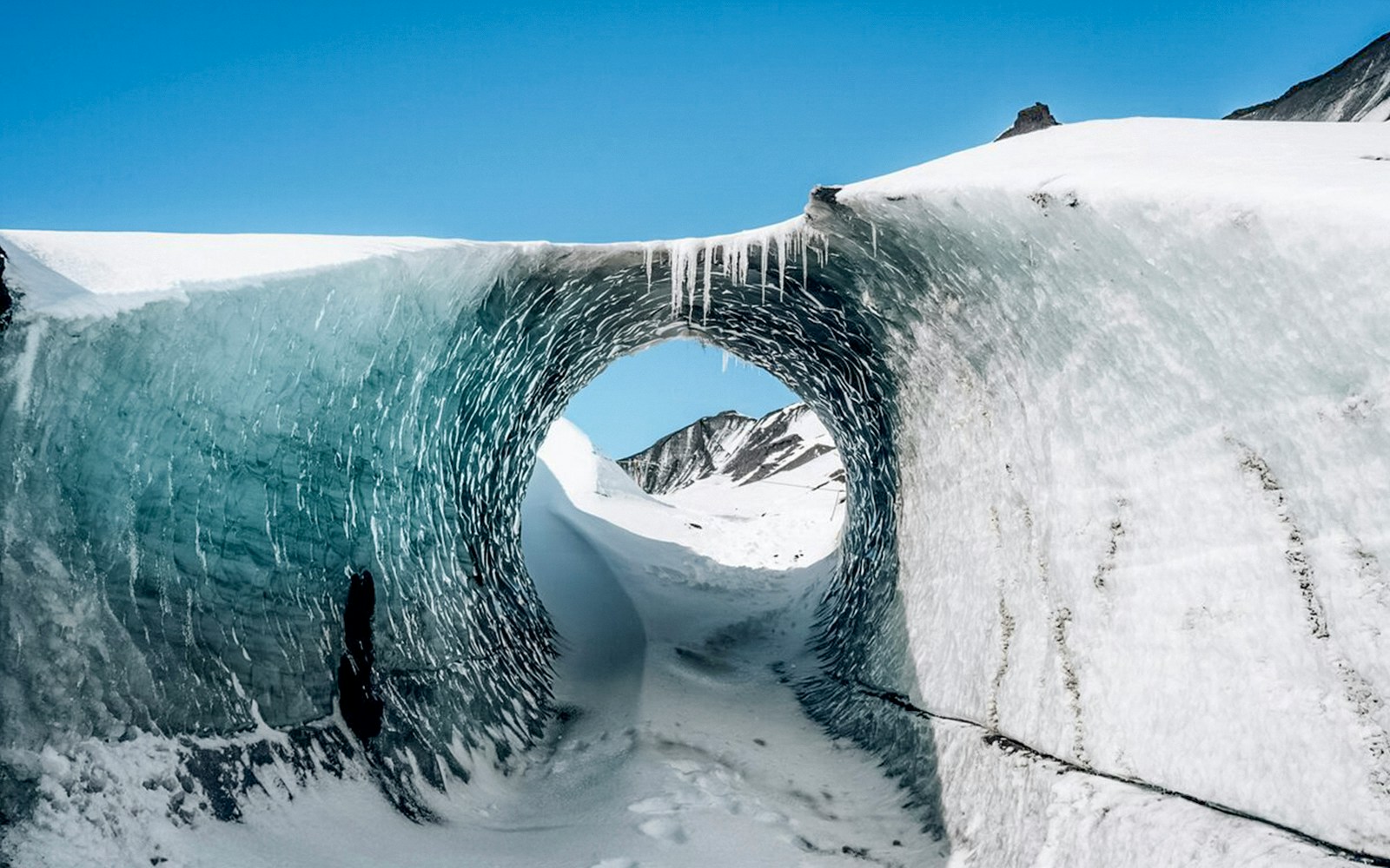 Ice tunnel view inside Katla Ice Cave, Iceland.