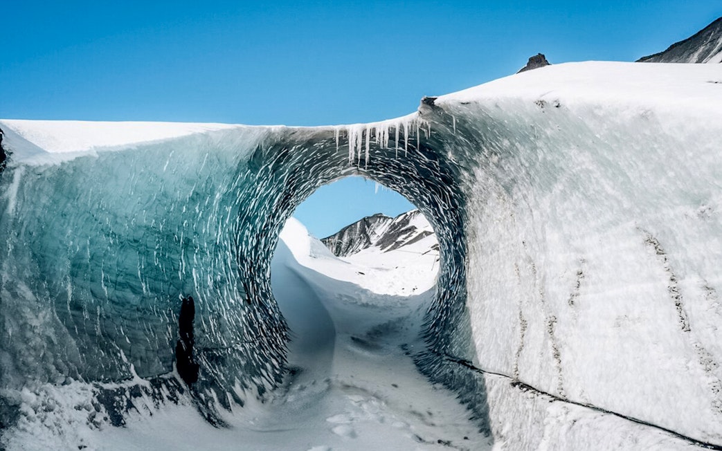 Ice tunnel view inside Katla Ice Cave, Iceland.