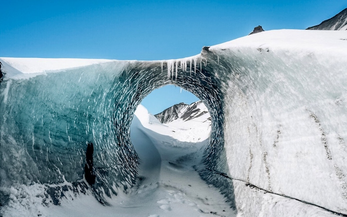 Ice tunnel view inside Katla Ice Cave, Iceland.