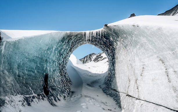 Ice tunnel view inside Katla Ice Cave, Iceland.