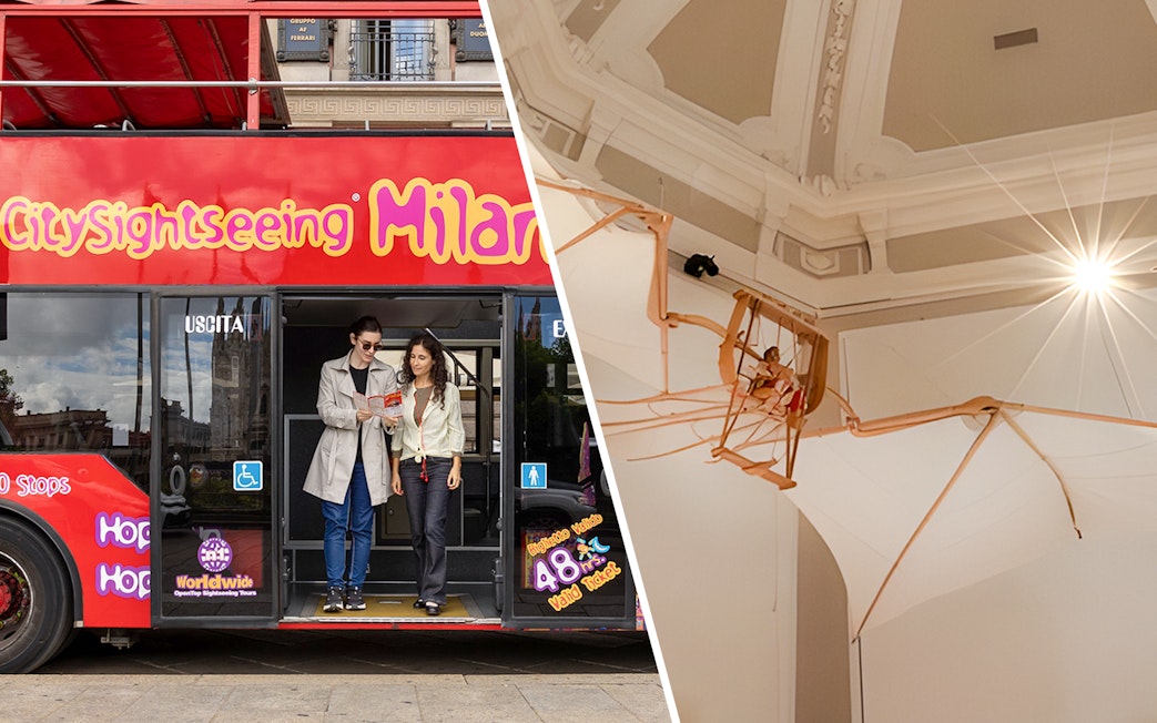 Milan sightseeing bus with tourists and Leonardo3 Museum exhibit.