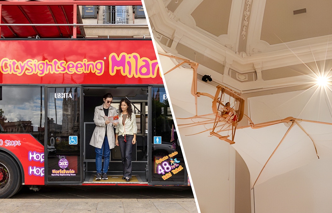 Milan sightseeing bus with tourists and Leonardo3 Museum exhibit.