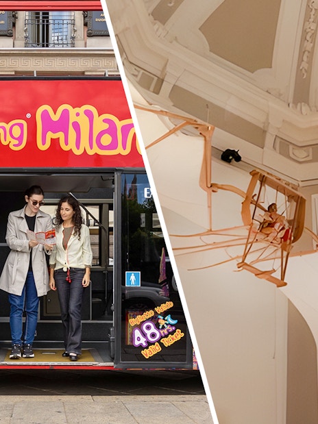 Milan sightseeing bus with tourists and Leonardo3 Museum exhibit.