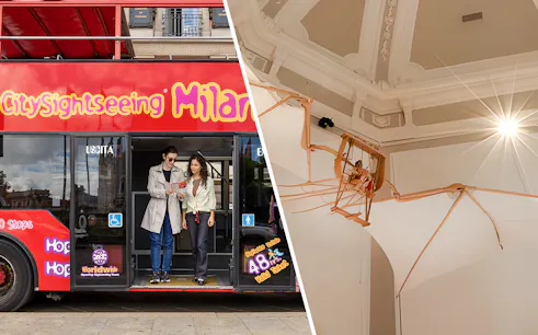 Milan sightseeing bus with tourists and Leonardo3 Museum exhibit.