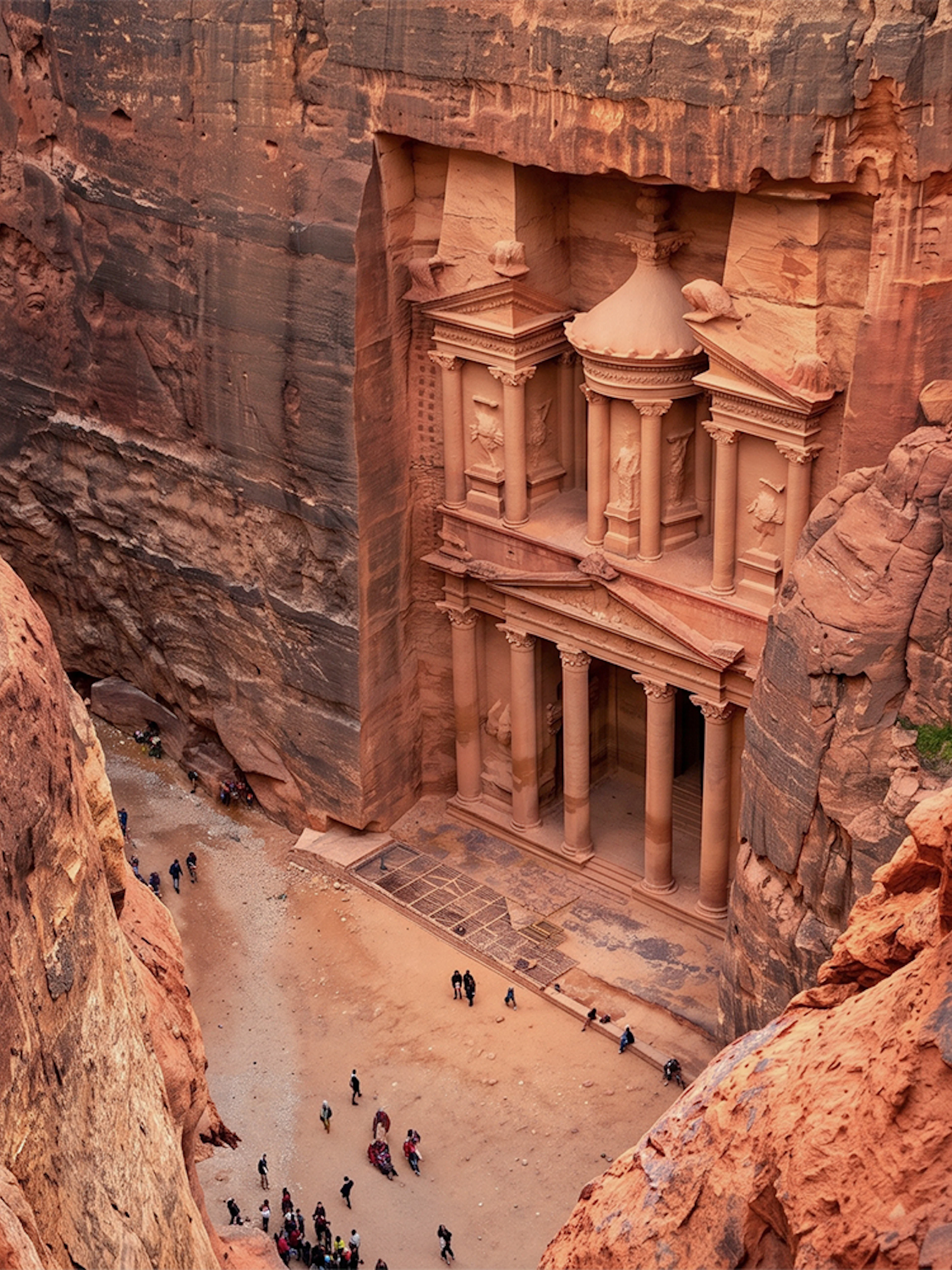Petra's Treasury in Jordan, viewed from above, surrounded by red rock cliffs.
