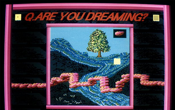Fictional videogame still with a tree and winding path, text "Are You Dreaming?