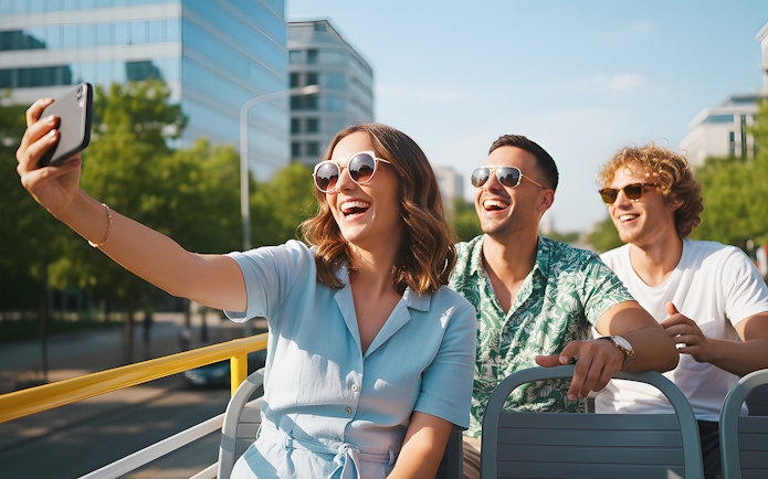 Tourists enjoying a city tour on a hop-on hop-off bus, taking a selfie.
