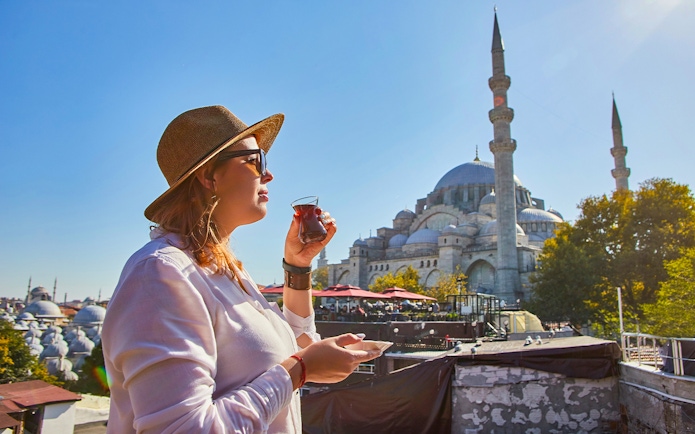 Drinking tea at a local Madrasah near Suleymaniye Mosque, Istanbul.