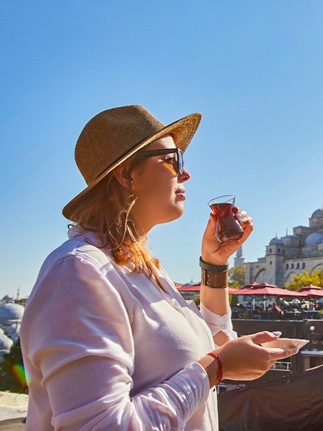 Drinking tea at a local Madrasah near Suleymaniye Mosque, Istanbul.