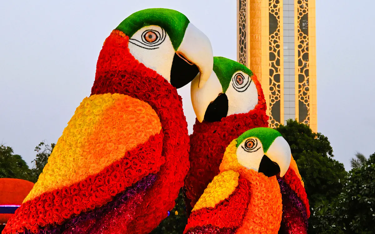 Floral parrot sculptures with Dubai Frame behind them at Garden Glow