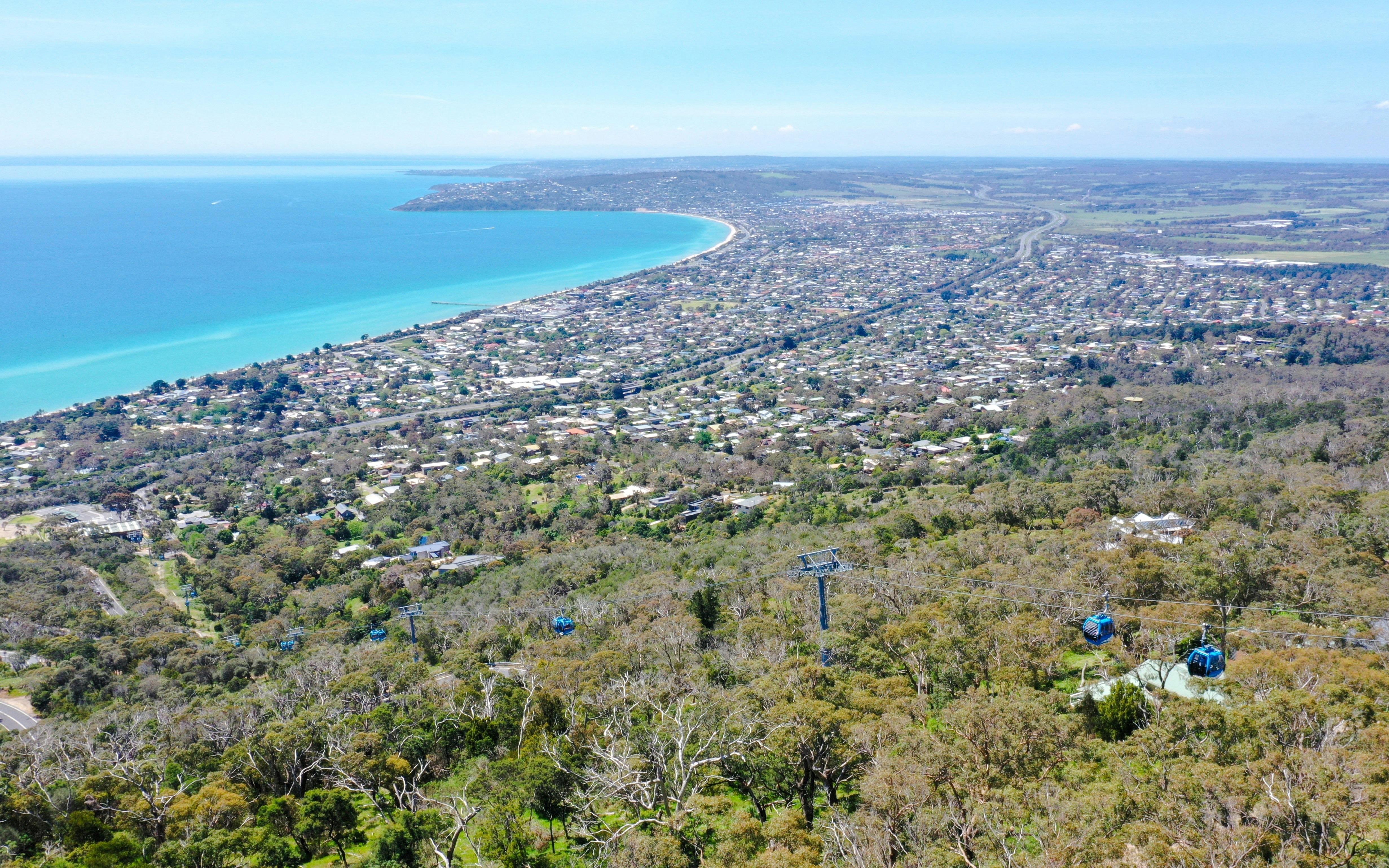Aerial view of Arthurs Seat Eagle gondolas over forest with coastline and town in the background.