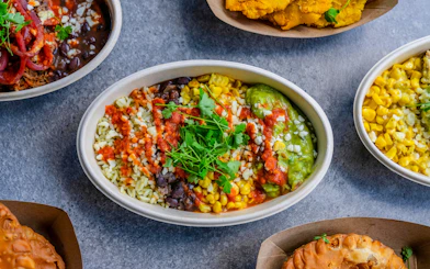 Bowl of rice, beans, corn, guacamole, and salsa at Busch Gardens Tampa Bay.