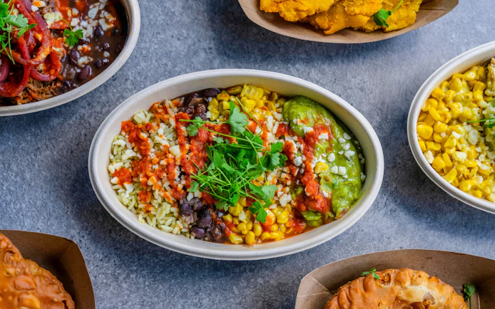 Bowl of rice, beans, corn, guacamole, and salsa at Busch Gardens Tampa Bay.