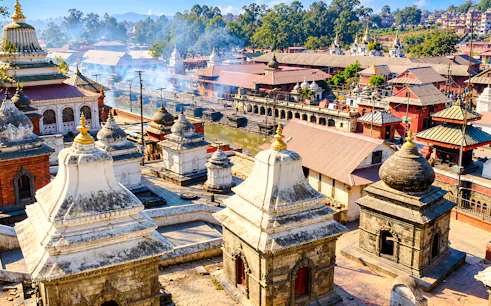 Pashupatinath Temple complex with shrines and river in Kathmandu, Nepal.