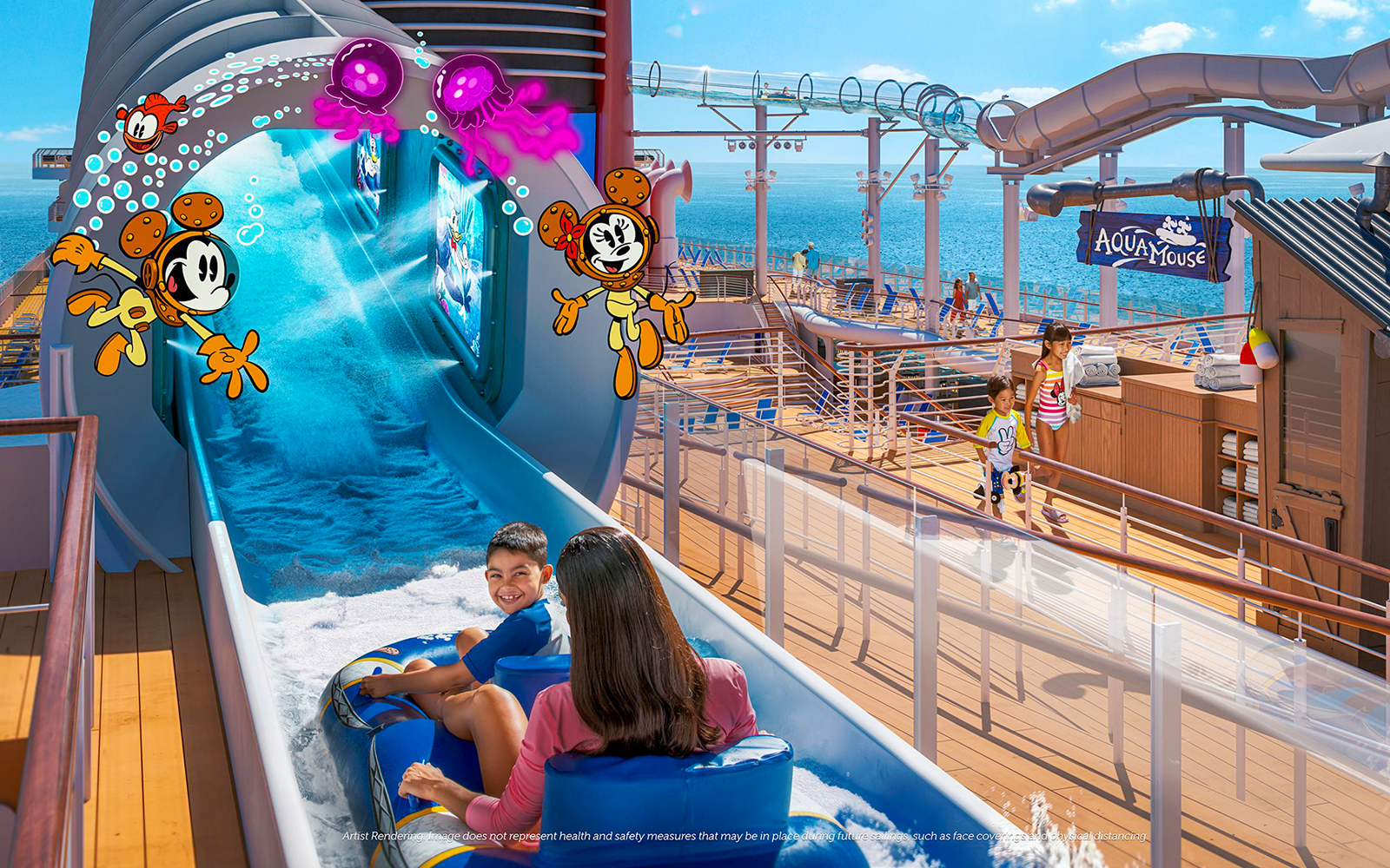 Aqua Mouse water slide on Disney Adventure Cruise ship deck.