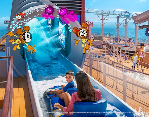 Aqua Mouse water slide on Disney Adventure Cruise ship deck.