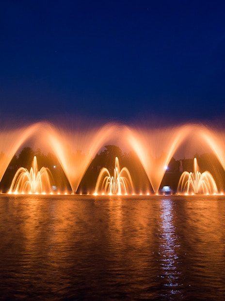 Fountain show at night in the Palace of Versailles gardens, France.