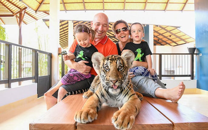 Tourists interacting with a tiger cub at Tiger Park Pattaya.