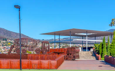 Sculpture at MONA entrance with Mt Wellington in the background, Hobart, Tasmania.