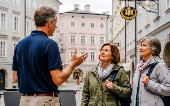 Tour guide explaining to two tourists in Salzburg, Austria street.