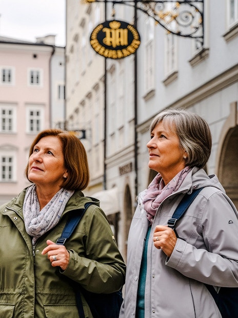 Tour guide explaining to two tourists in Salzburg, Austria street.