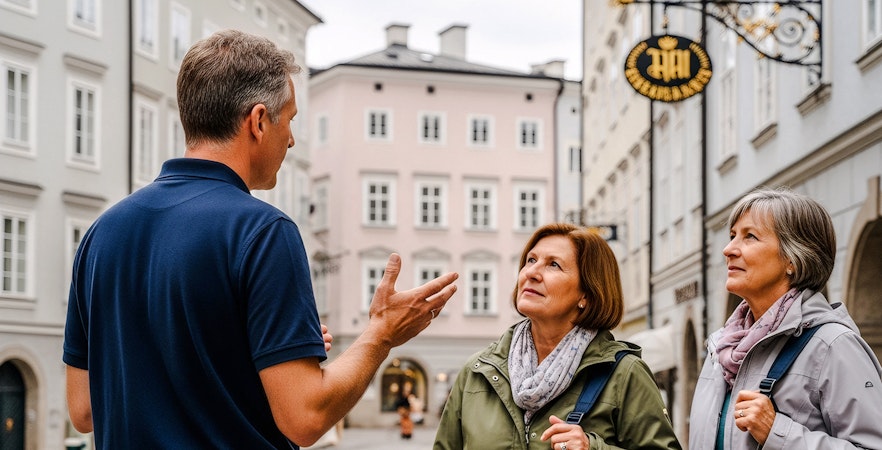 Tour guide explaining to two tourists in Salzburg, Austria street.
