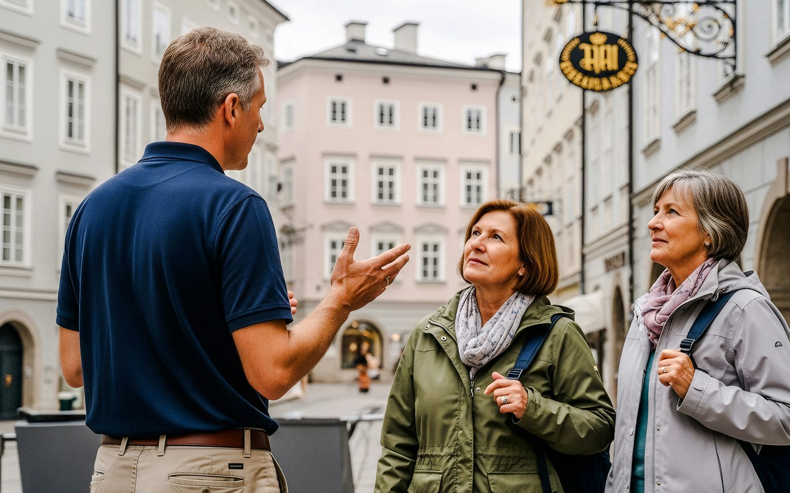 Tour guide explaining to two tourists in Salzburg, Austria street.