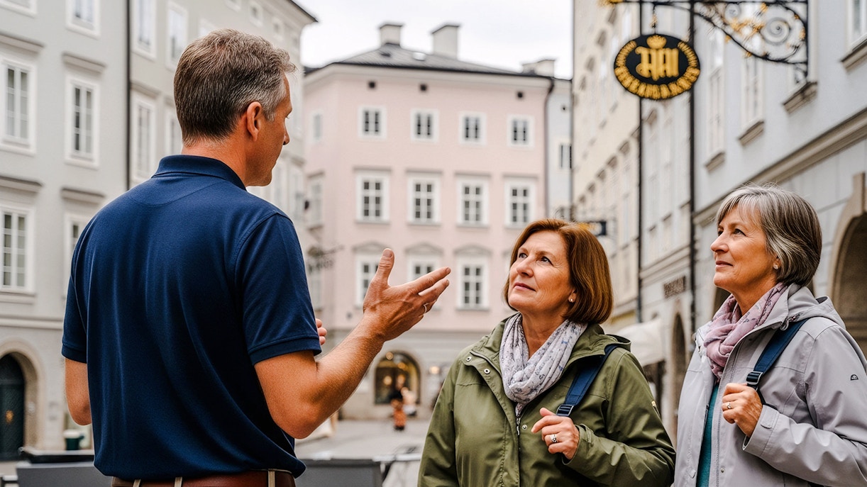 Tour guide explaining to two tourists in Salzburg, Austria street.