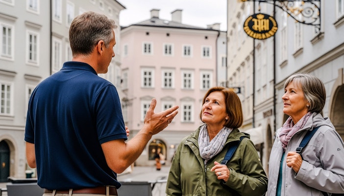 Tour guide explaining to two tourists in Salzburg, Austria street.