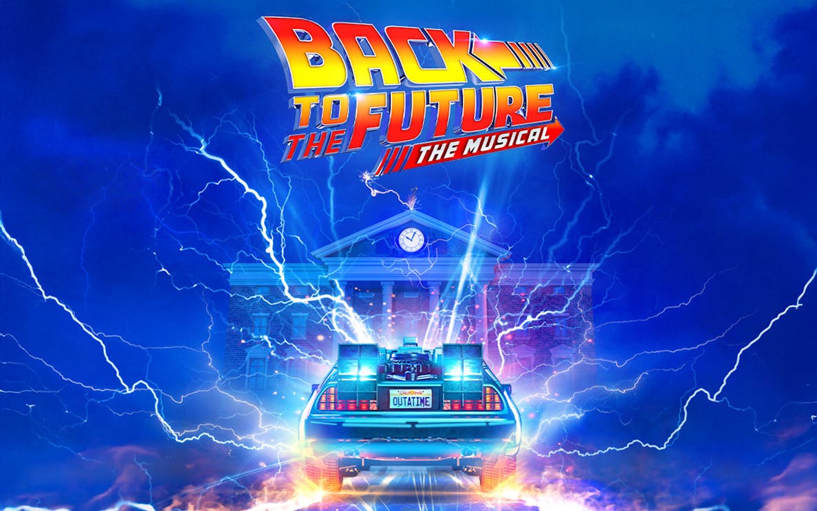 DeLorean time machine with lightning in front of clock tower, "Back to the Future: The Musical" logo.