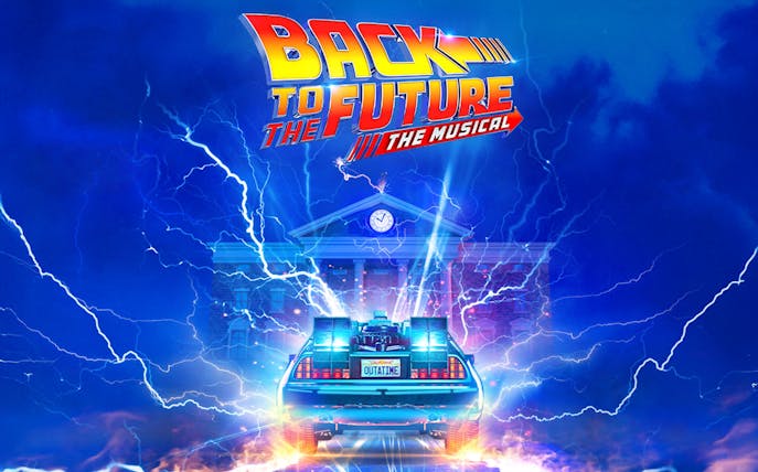 DeLorean time machine with lightning in front of clock tower, "Back to the Future: The Musical" logo.