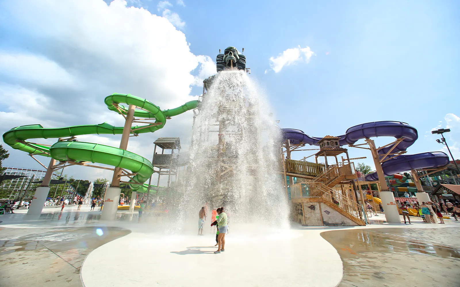 Water park with large slides and splash zone at Six Flags Over Georgia, Paradise Island.