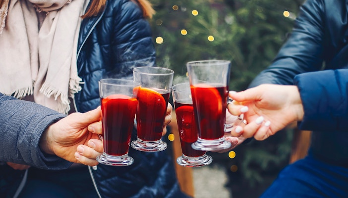 Glühwein stall in Amsterdam during December holiday market.