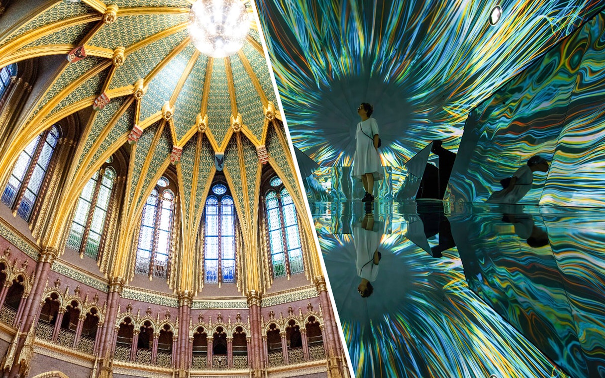 Ceiling of the Dome Hall in the Hungarian Parliament, Budapest, with intricate gold and stained glass details.