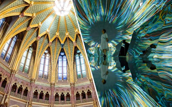 Ceiling of the Dome Hall in the Hungarian Parliament, Budapest, with intricate gold and stained glass details.